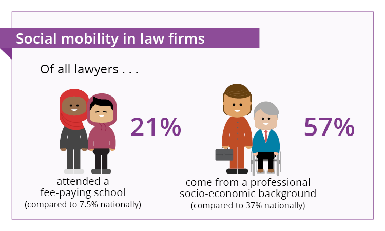 Of all lawyers 21% attended a fee paying school (compared to 7.5% nationally) and 57% professional socio-economic background (compared with 37% nationally)