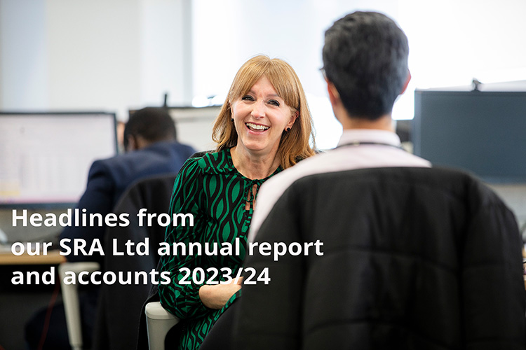 Two professionals converse in an office setting with text overlay mentioning highlights from the SRA Ltd annual report for 2023/24.